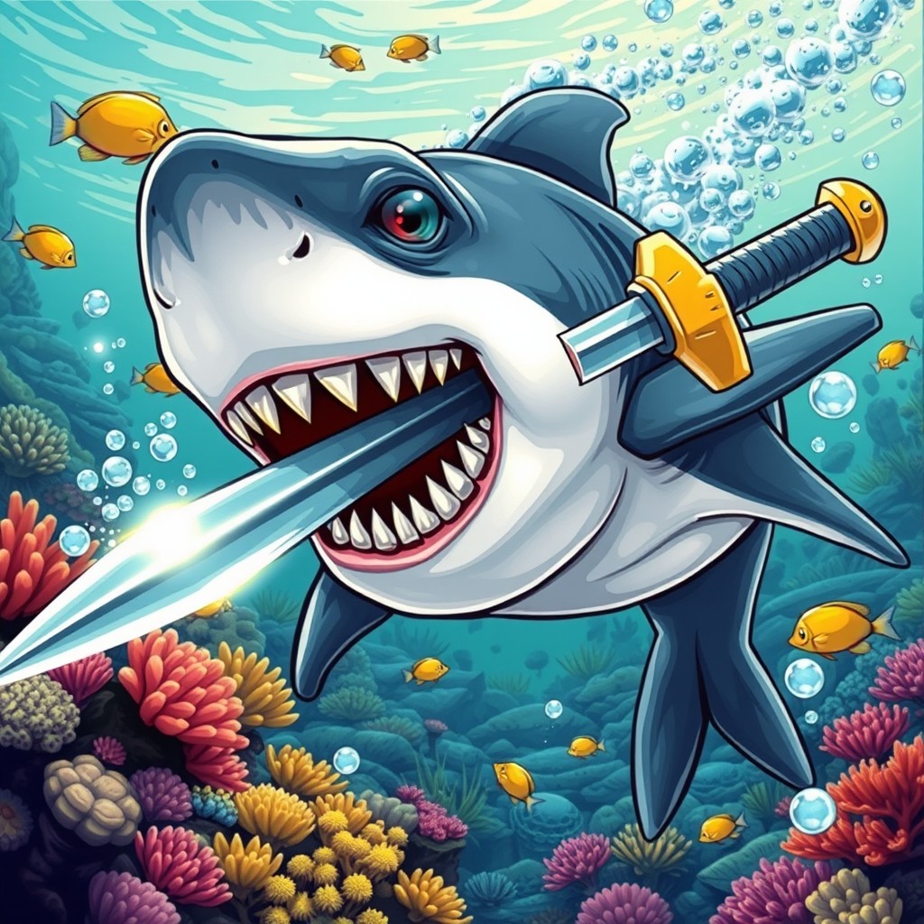 An action-packed illustration of a fierce shark wielding a sword in its mouth