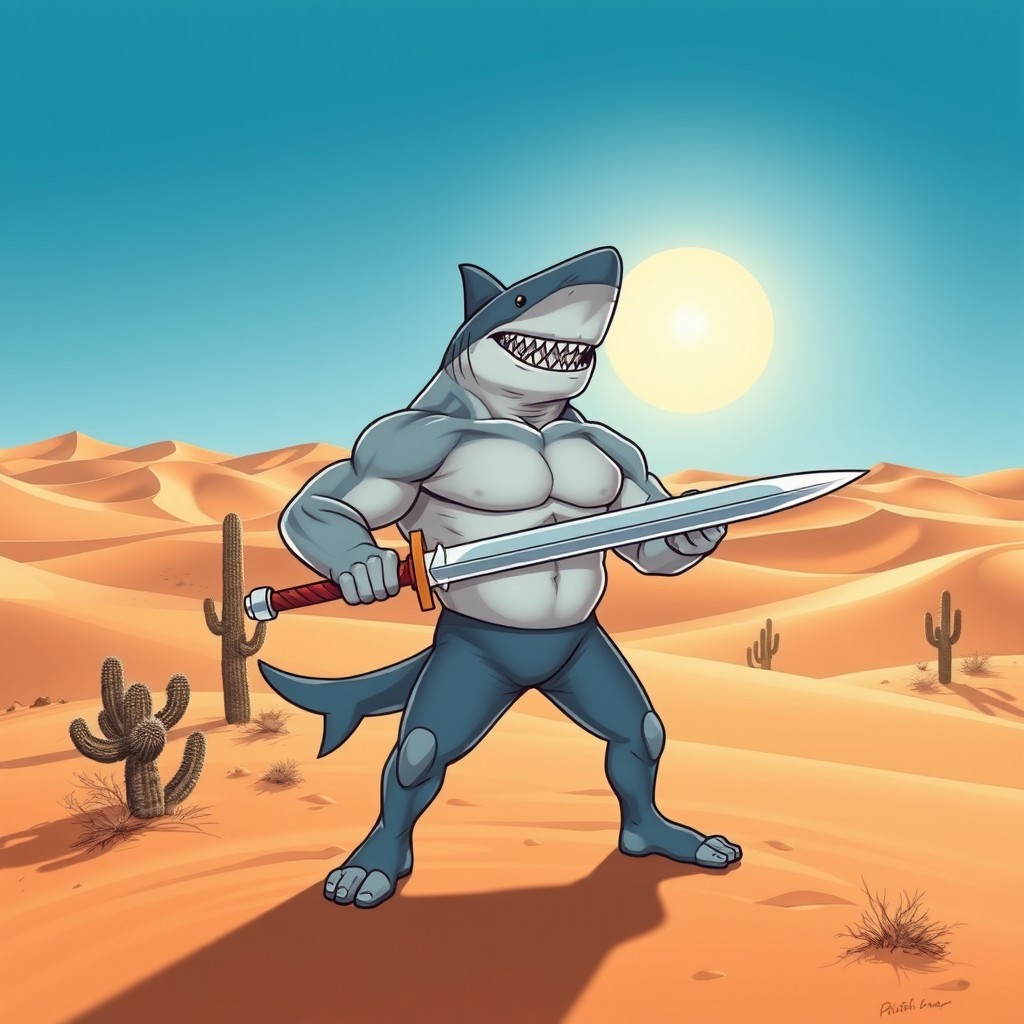 A striking illustration of a muscular shark standing confidently in a vast desert landscape