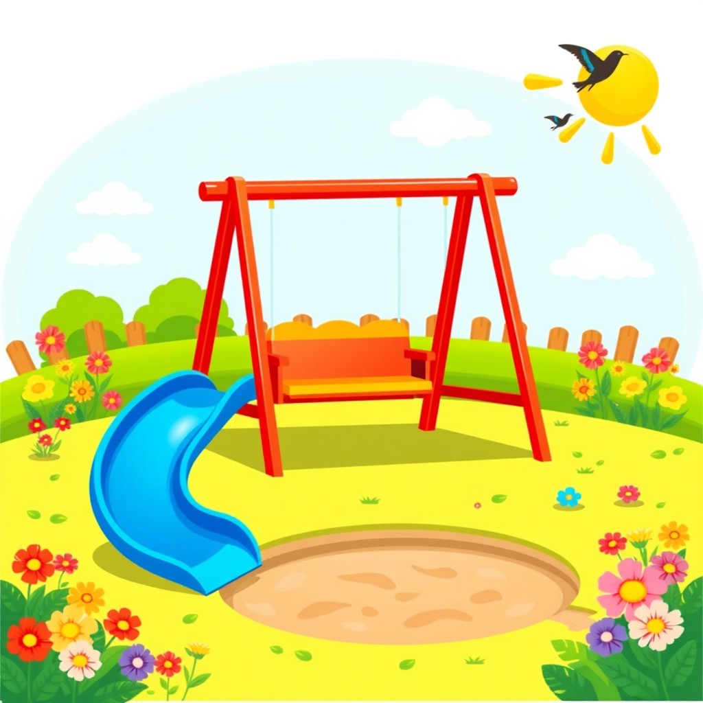 A colorful and playful vector illustration of a swing set and slide designed for a children's playhouse