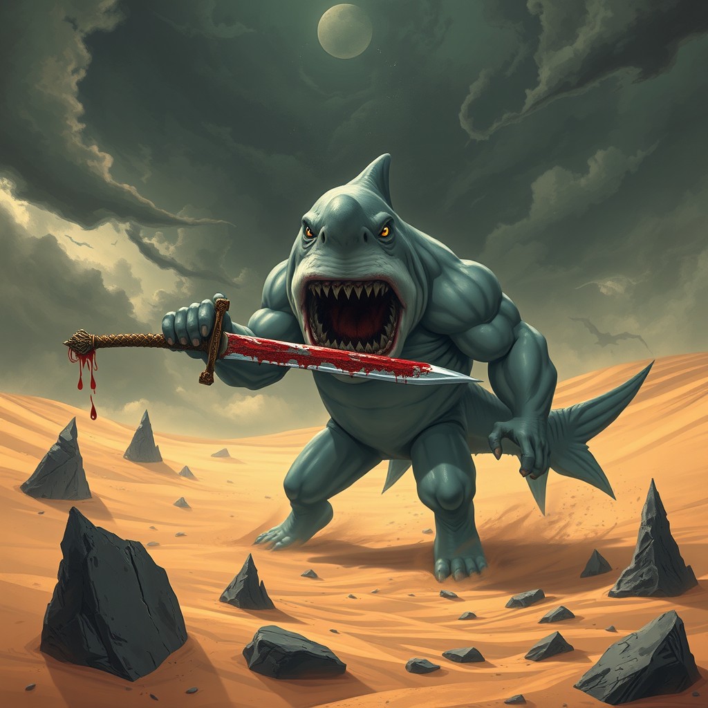 A terrifying and surreal illustration of a muscular shark standing in a desolate desert landscape, combining horror elements with fantasy