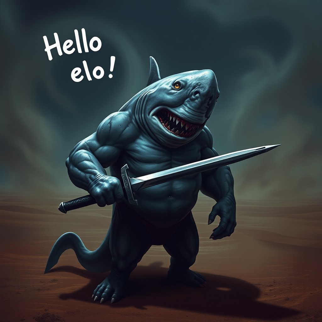 A chilling scene featuring a muscular shark standing upright in a desolate desert landscape, gripping a menacing sword in its mouth