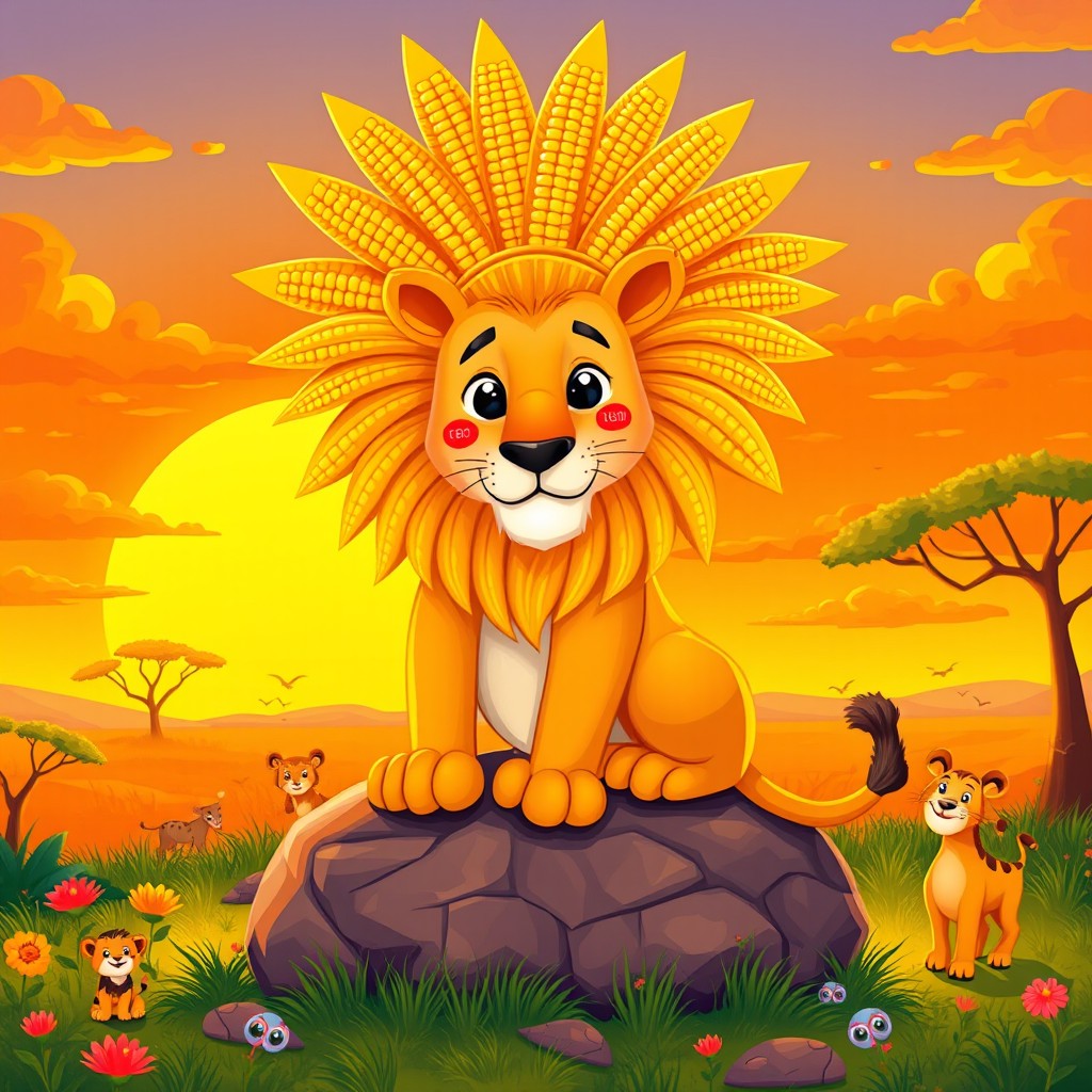 A whimsical and colorful illustration of a regal lion with a majestic mane styled to resemble an ear of corn