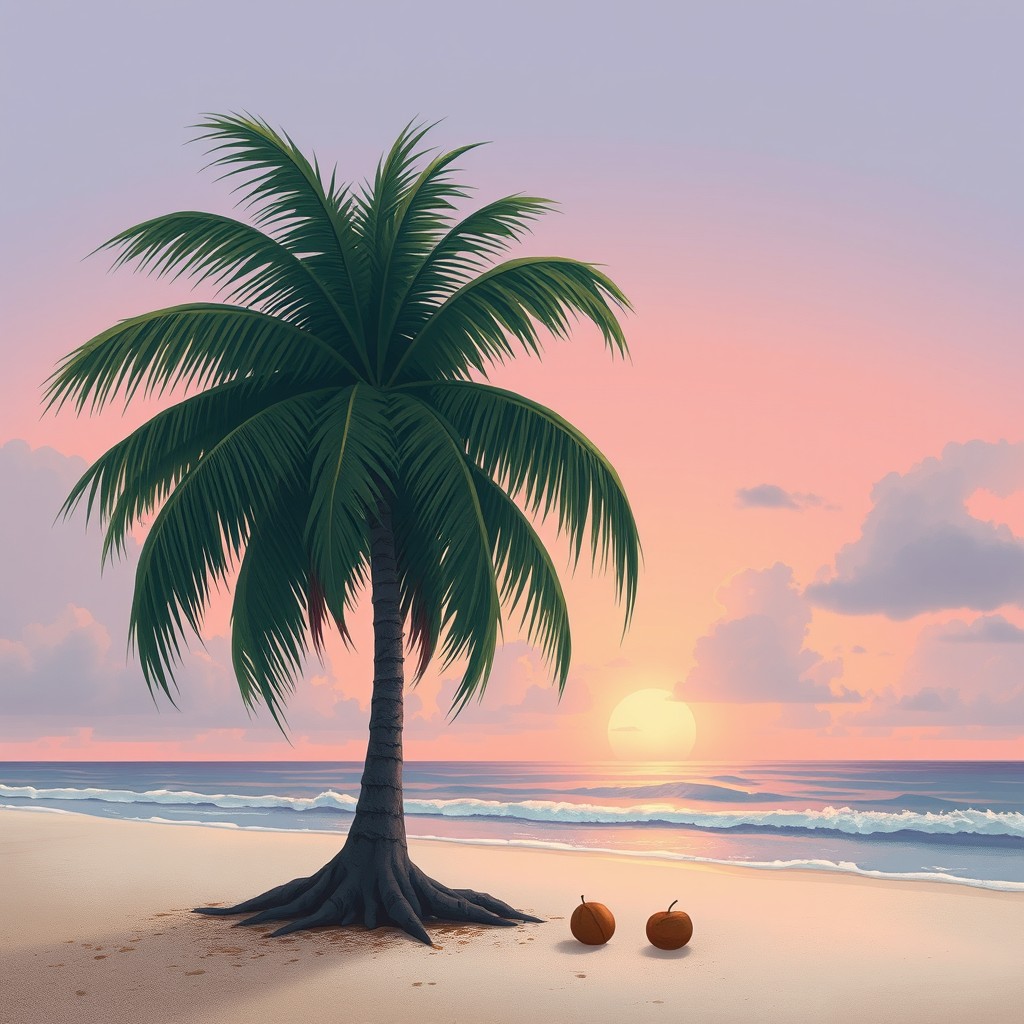 A poignant illustration of a large, tall coconut tree with drooping branches and a visibly sad expression