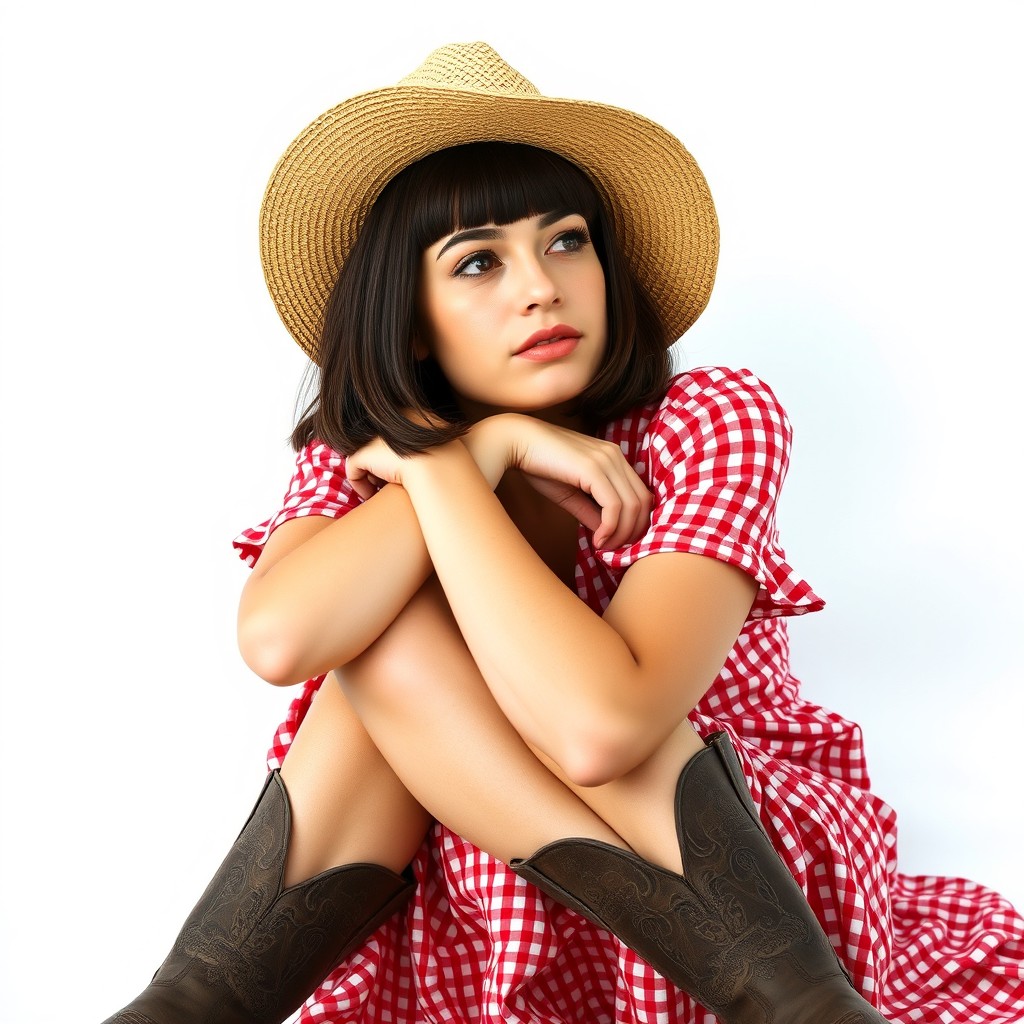 A 20-year-old Caucasian woman with a shoulder-length straight dark brown bob haircut inspired by Elena Gilbert, large brown eyes, and fair skin