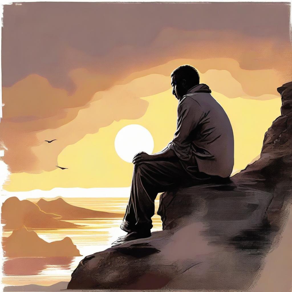 Depict a man engrossed in thought about a woman. She is side faced and positioned on a rocky cliff as the sun sets.