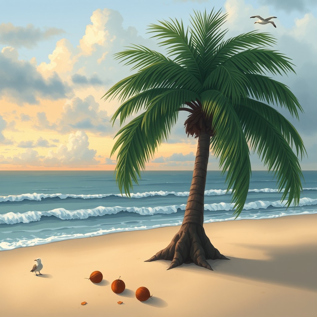 A touching illustration of a large coconut tree with a sorrowful demeanor, its drooping fronds and downturned branches conveying a sense of sadness