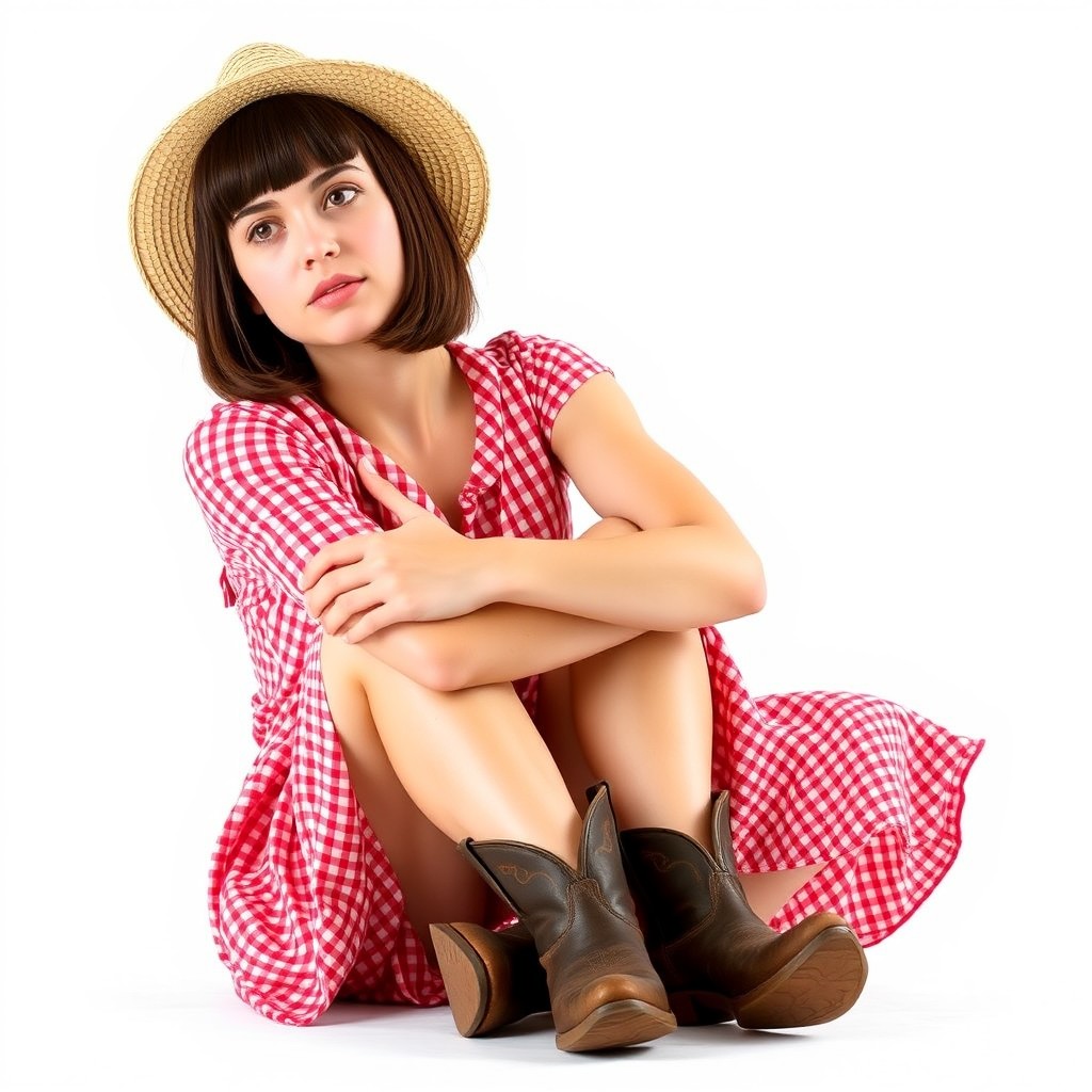 A 20-year-old Caucasian woman with a shoulder-length straight dark brown bob haircut inspired by Elena Gilbert, large brown eyes, and fair skin