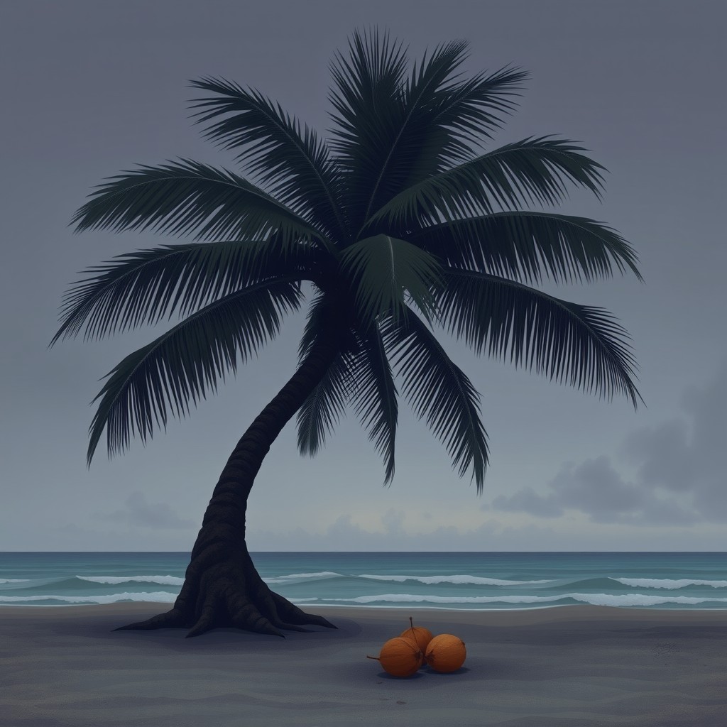 A deeply emotive illustration of a large coconut tree that appears very sad