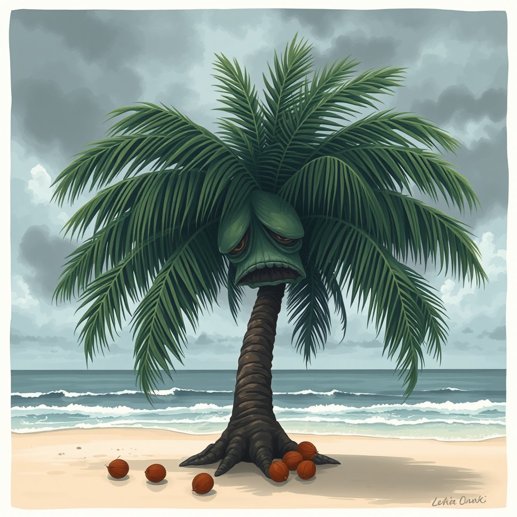 An expressive illustration of a very sad, large coconut tree, exuding deep emotions with exaggerated drooping fronds and a heavily bent trunk