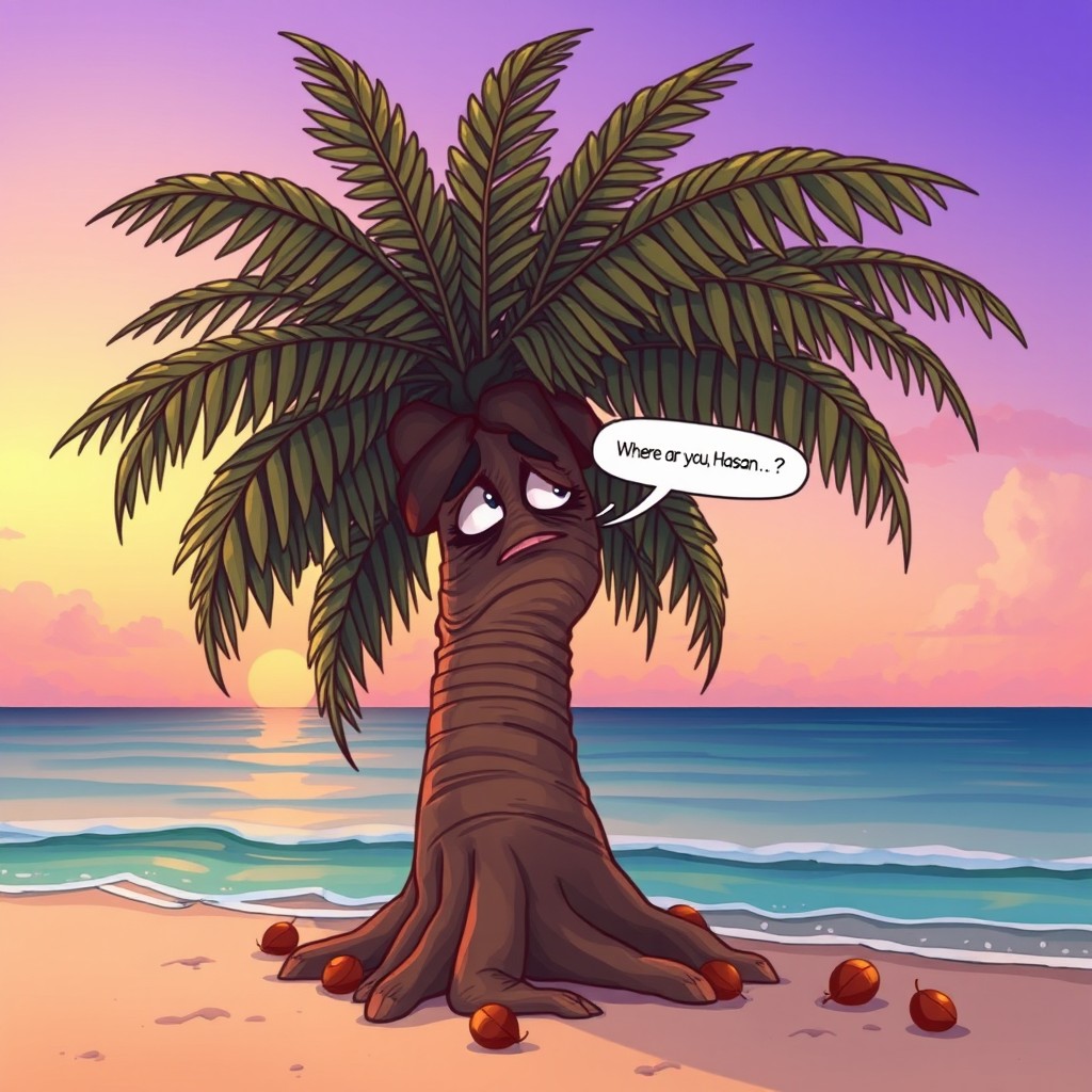 A whimsical illustration of a large coconut tree radiating sadness, with exaggerated drooping fronds and a bent trunk, visually expressing deep emotions
