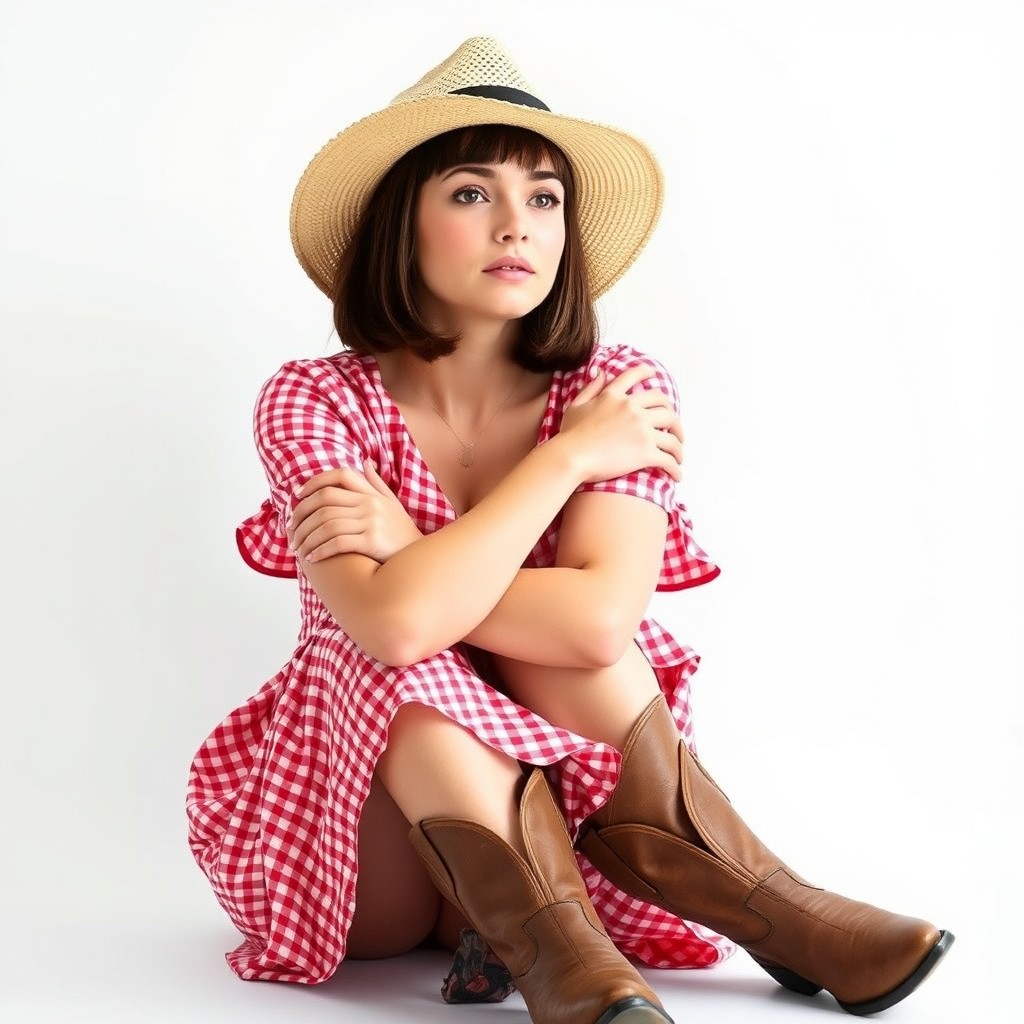 A 20-year-old Caucasian woman with a shoulder-length straight dark brown bob haircut inspired by Elena Gilbert, large brown eyes, and fair skin
