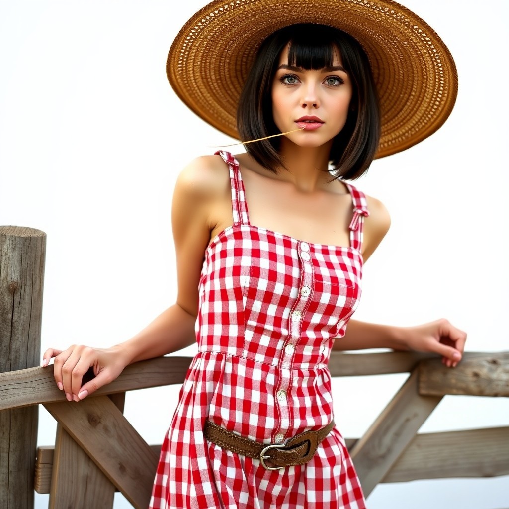 A 20-year-old Caucasian woman with fair skin, a dark brown shoulder-length straight bob haircut inspired by Elena Gilbert, and large brown eyes