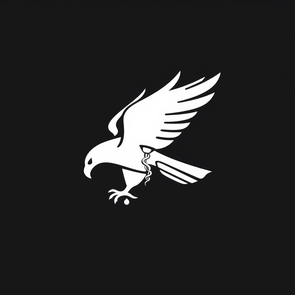 A clean, minimalist logo in a black-and-white palette, where the silhouette of an eagle is composed of flowing geometric lines that transition into a medical symbol