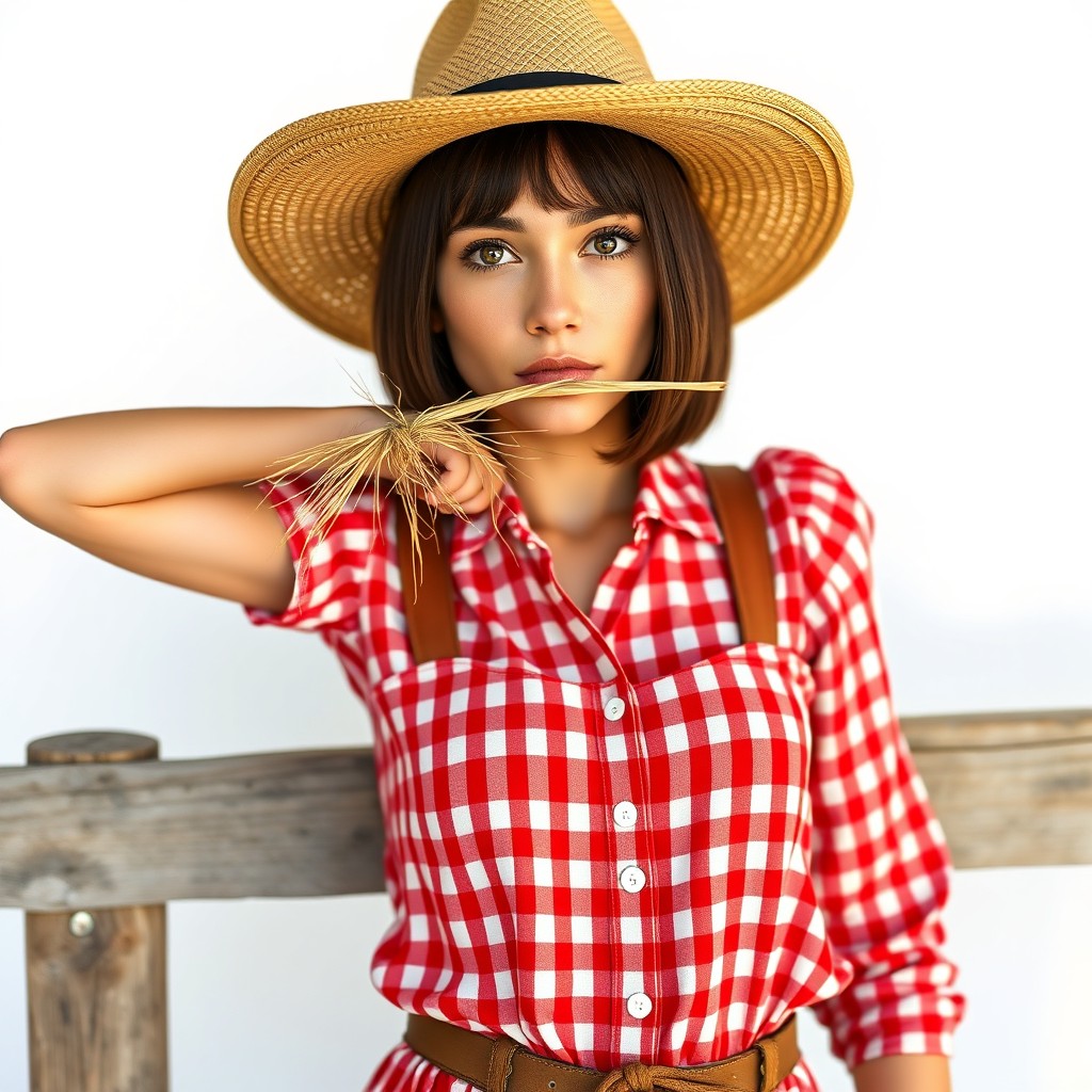 A 20-year-old Caucasian woman with fair skin, a shoulder-length straight dark brown bob haircut inspired by Elena Gilbert, and large brown eyes