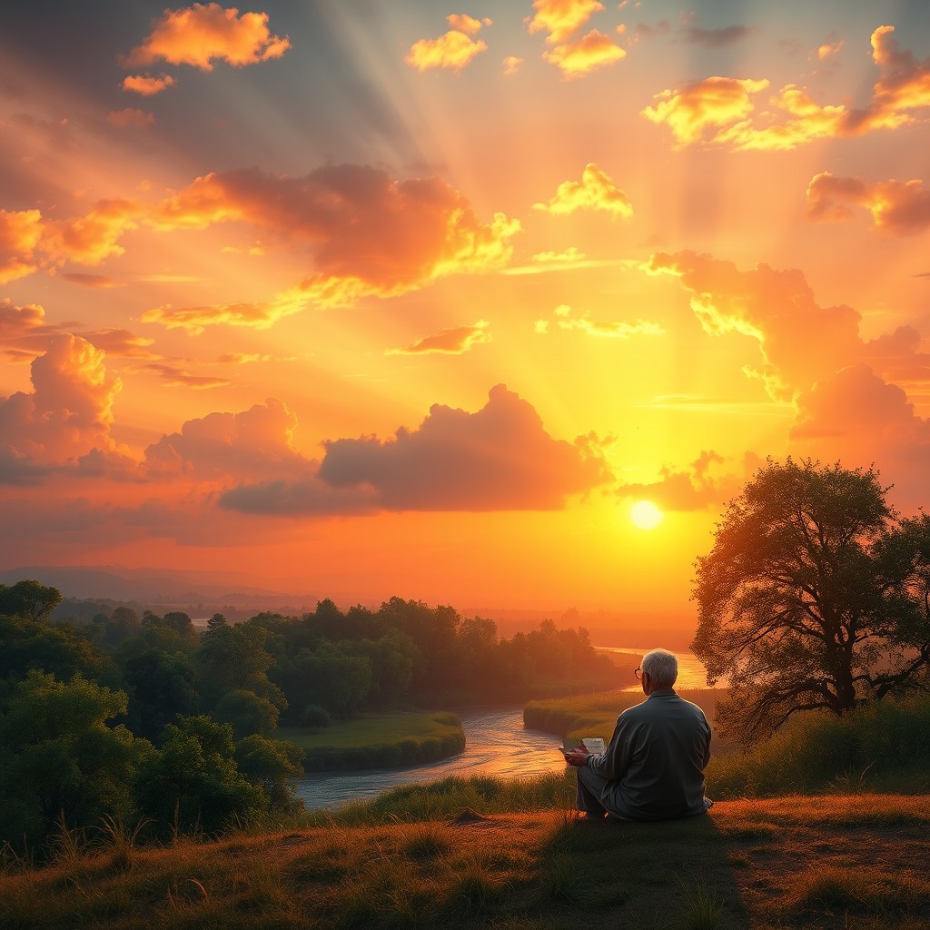 A beautiful sunrise over a serene landscape, symbolizing the relationship between life and time