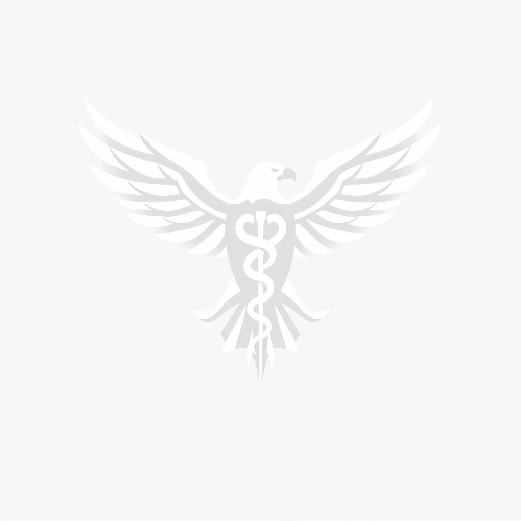 A clean, minimalist black-and-white logo where the silhouette of an eagle is composed of geometric lines that fluidly transform into a medical symbol