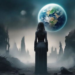 An apprehensive human standing before the ruined planet Earth, facing a disheartened Mother Nature. She materializes as a wrathful entity, all overseeing. Stir in elements of mystery and creativity.