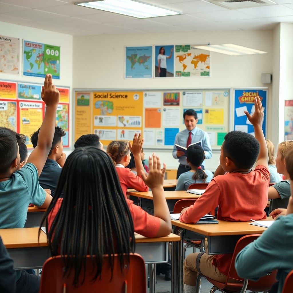 A classroom scene where students are engaged in a lively social science discussion