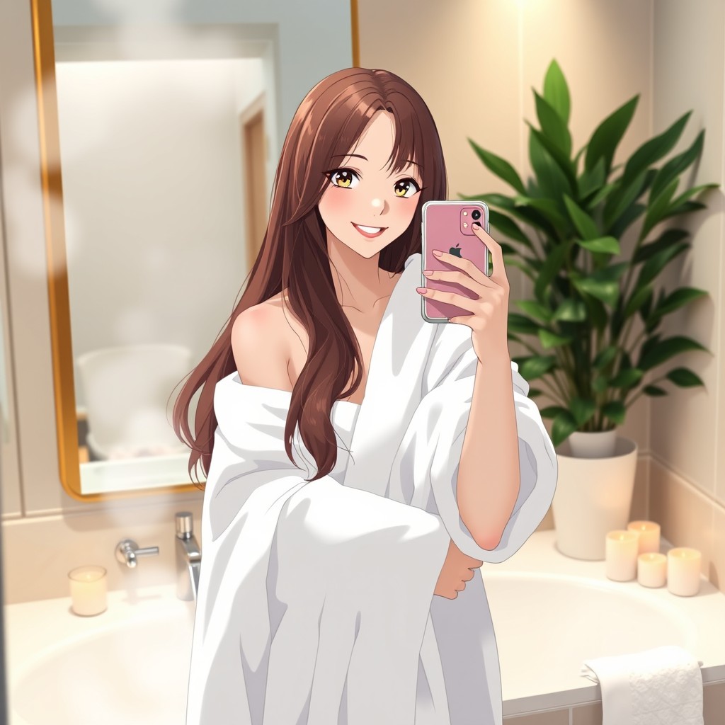 Ichinose Asuna, a young woman with long, flowing hair, standing in a cozy bathroom in front of a mirror, wrapped in a soft, fluffy towel
