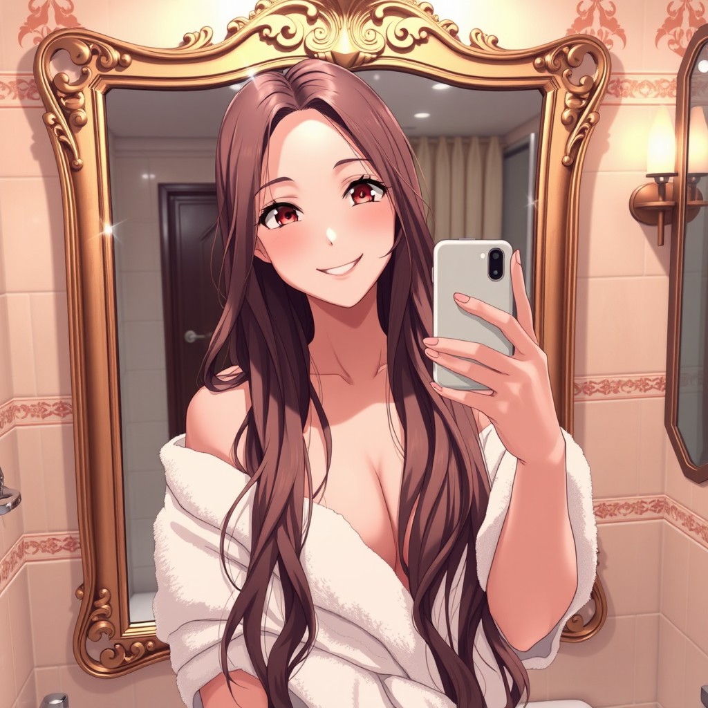 Ichinose Asuna, a stunning young woman with long, flowing hair, standing in front of a large, ornate mirror