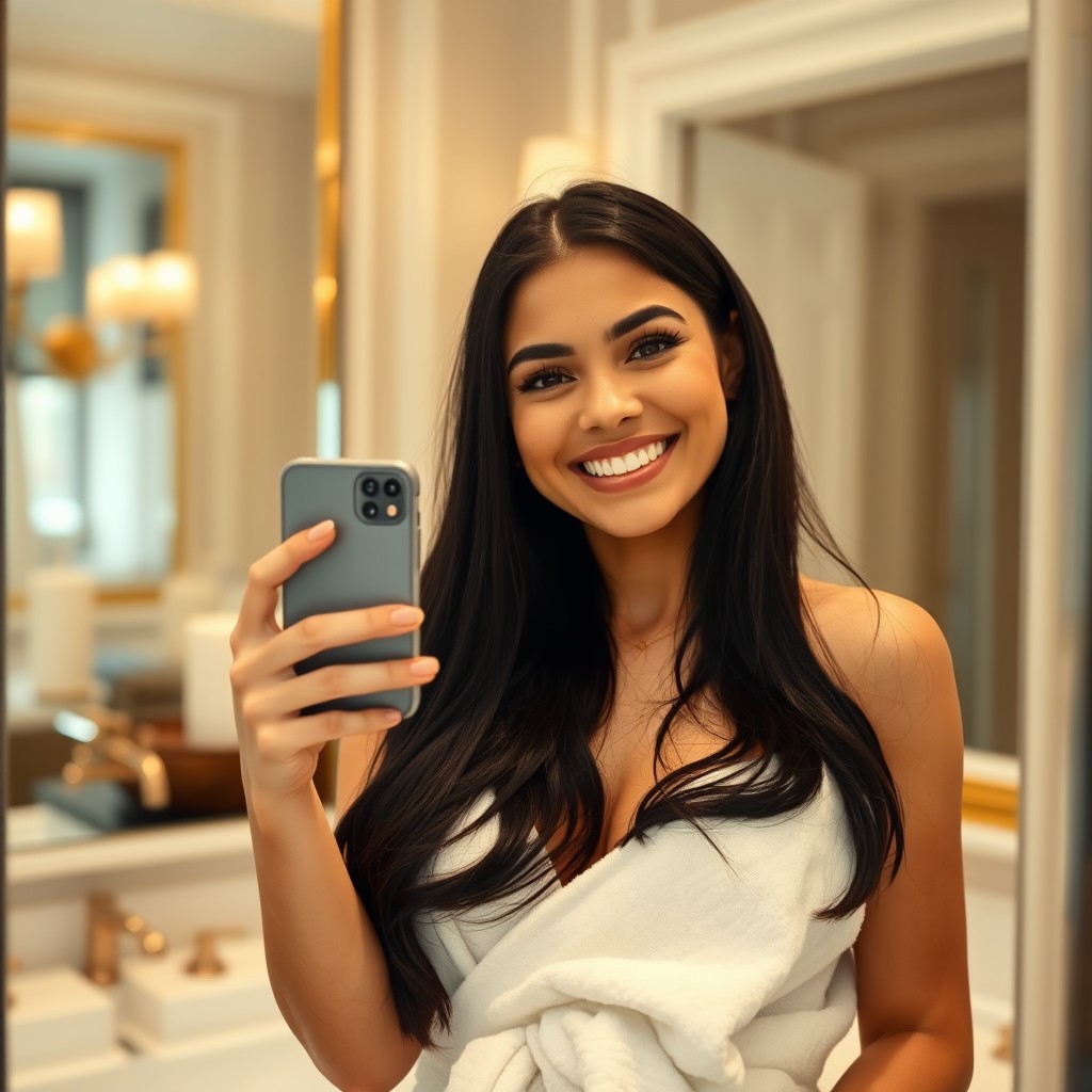A beautiful young woman with long black hair stands in front of a mirror, wrapped in a soft white towel