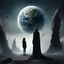 An apprehensive human standing before the ruined planet Earth, facing a disheartened Mother Nature. She materializes as a wrathful entity, all overseeing. Stir in elements of mystery and creativity.