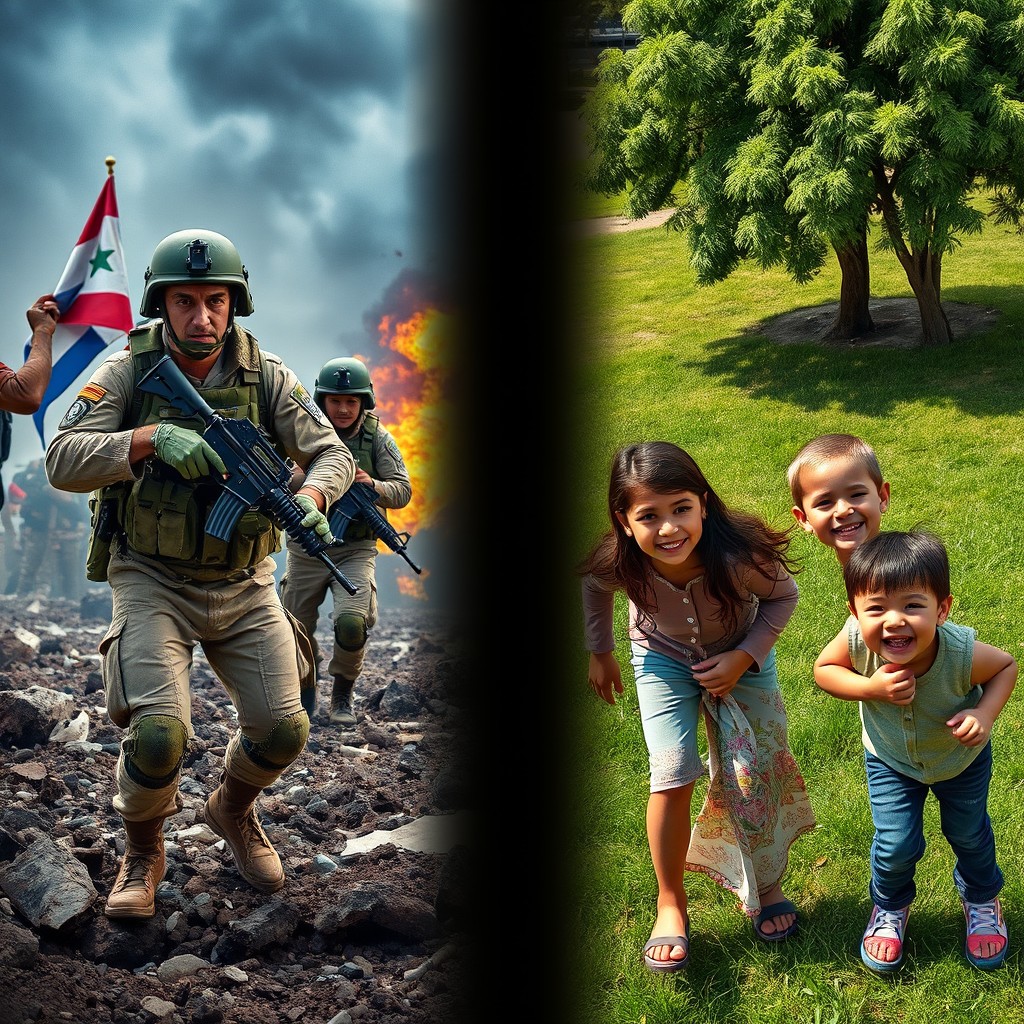 A split image background, where the left side portrays Israeli soldiers in military uniforms engaged in combat in Gaza, showcasing their determination and purpose amidst chaos, with visible weapons and signs of struggle; the atmosphere is dramatic and intense