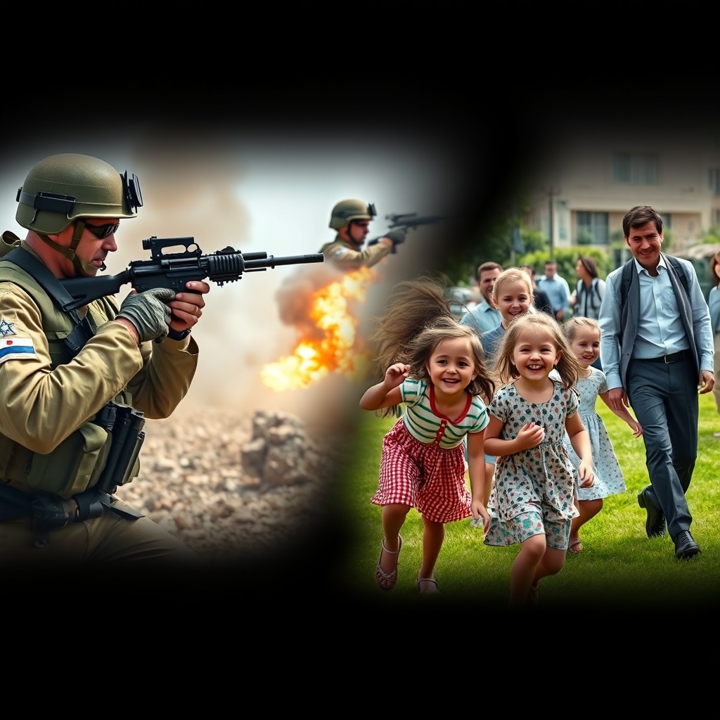 A dramatic split image background where the left half portrays Israeli soldiers in uniforms engaged in a intense fight with weapons in Gaza