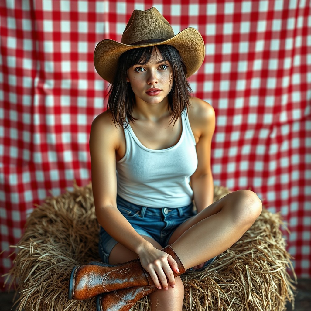 A 20-year-old Caucasian woman with fair skin, a dark brown shoulder-length straight bob haircut inspired by Elena Gilbert, and large brown eyes