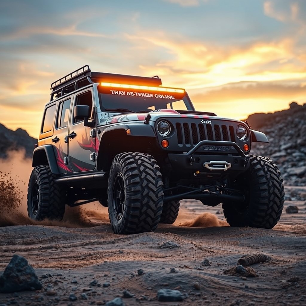 A rugged off-road vehicle, prominently featured in an adventurous landscape, showcasing modifications like oversized tires, a raised suspension, illuminated LED bars, and a custom paint job