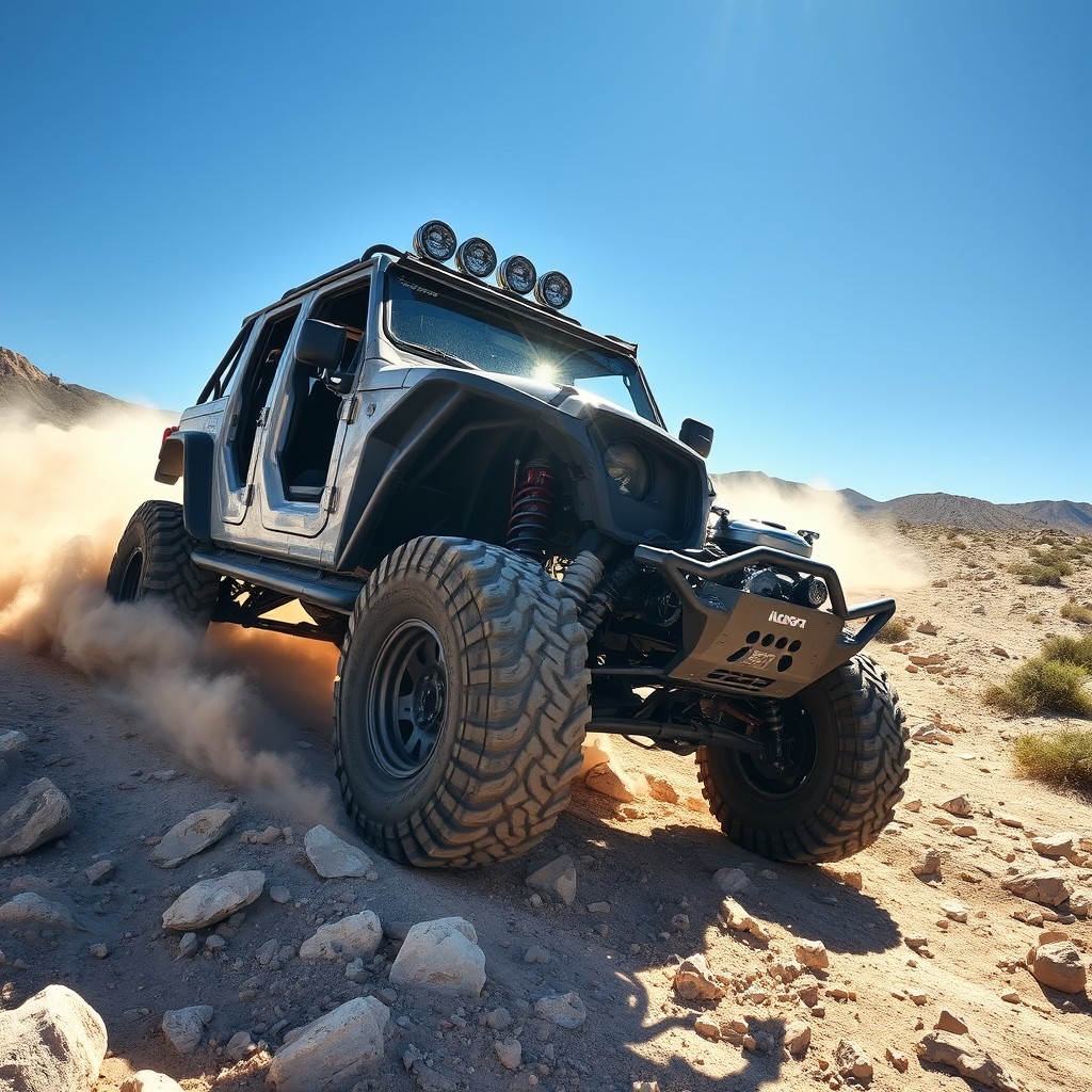 A rugged off-road vehicle, expertly tuned for tough terrains, showcasing enhanced suspension, aggressive tires, and powerful engine modifications
