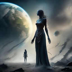 An apprehensive human standing before the ruined planet Earth, facing a disheartened Mother Nature. She materializes as a wrathful entity, all overseeing. Stir in elements of mystery and creativity.