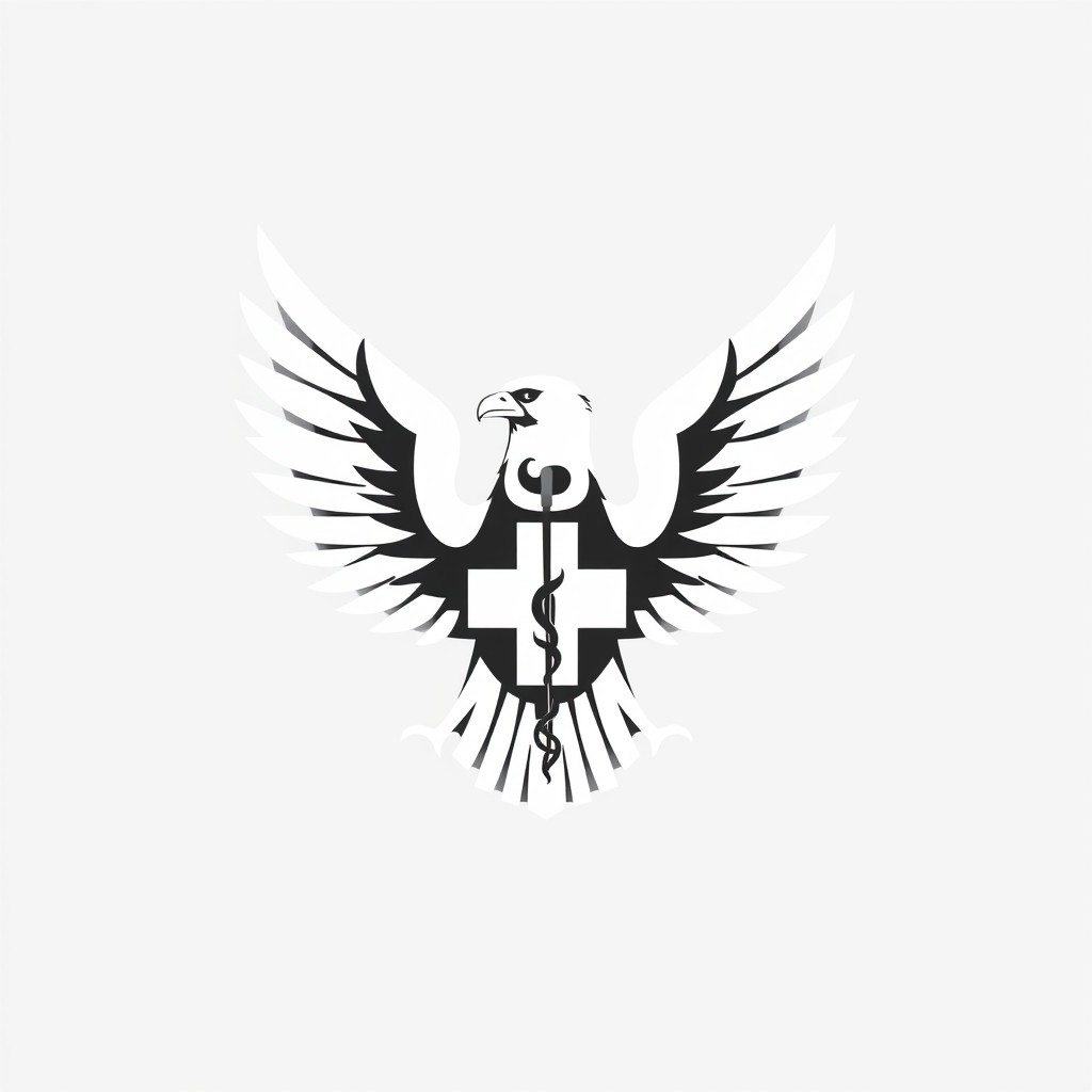 A minimalist medical logo design in black and white featuring a stylized eagle facing forward
