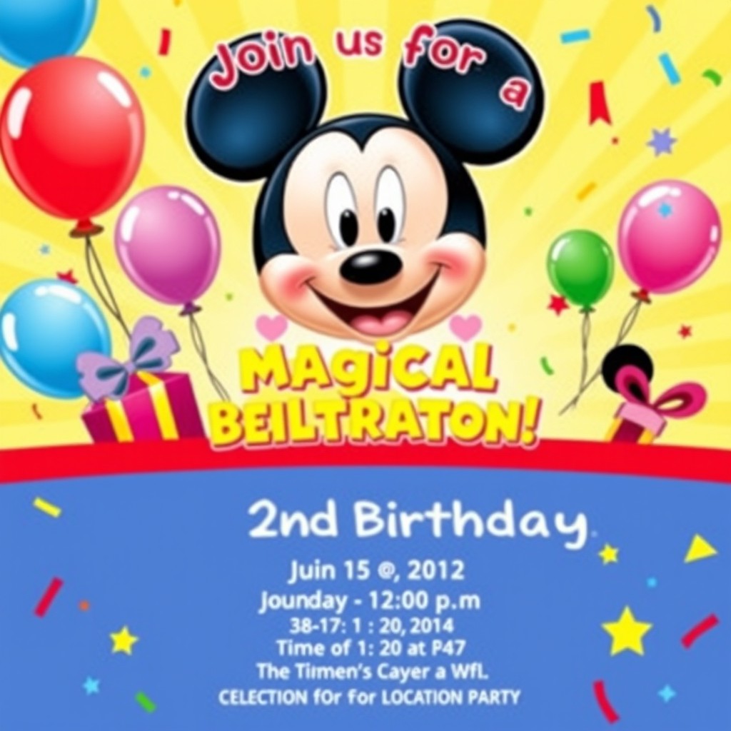 A colorful birthday invitation featuring a cheerful Mickey Mouse design, ideal for celebrating a 2nd birthday