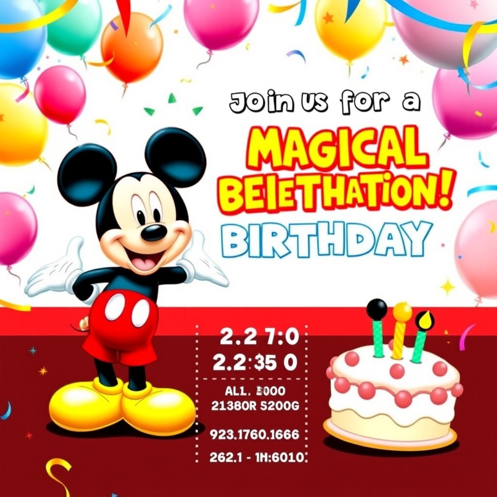 A vibrant, playful Mickey Mouse-themed birthday invitation for a 2nd birthday celebration