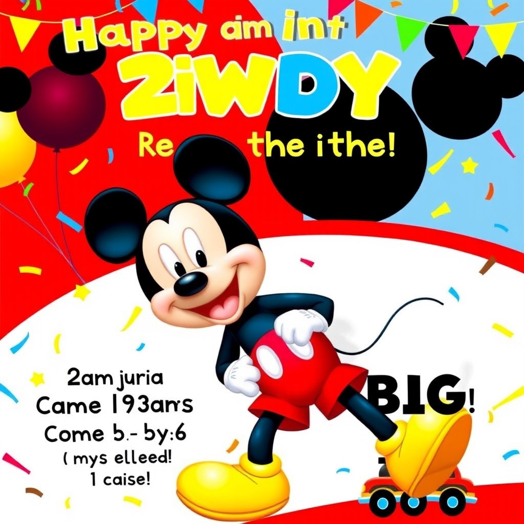 A vibrant and cheerful Mickey Mouse themed birthday invitation for a 2-year-old boy