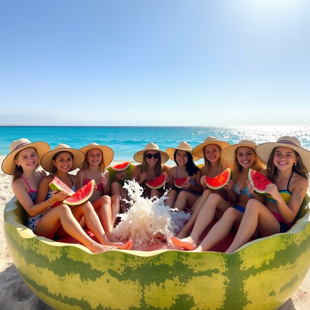 Eight girls sitting in Eilat, comfortably nestled inside a giant melon on the beach, enjoying the sunny day