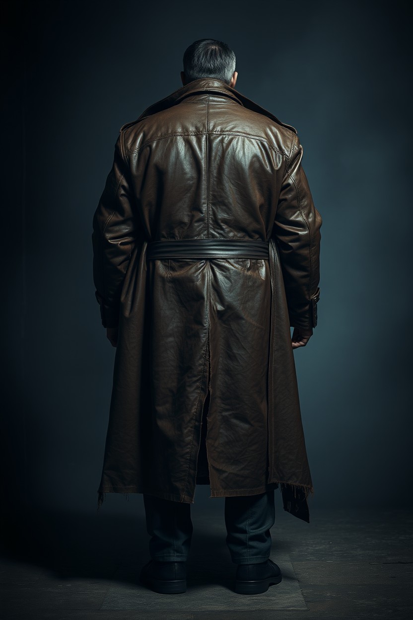 A dark and ominous scene showcasing the back of a huge, intimidating man