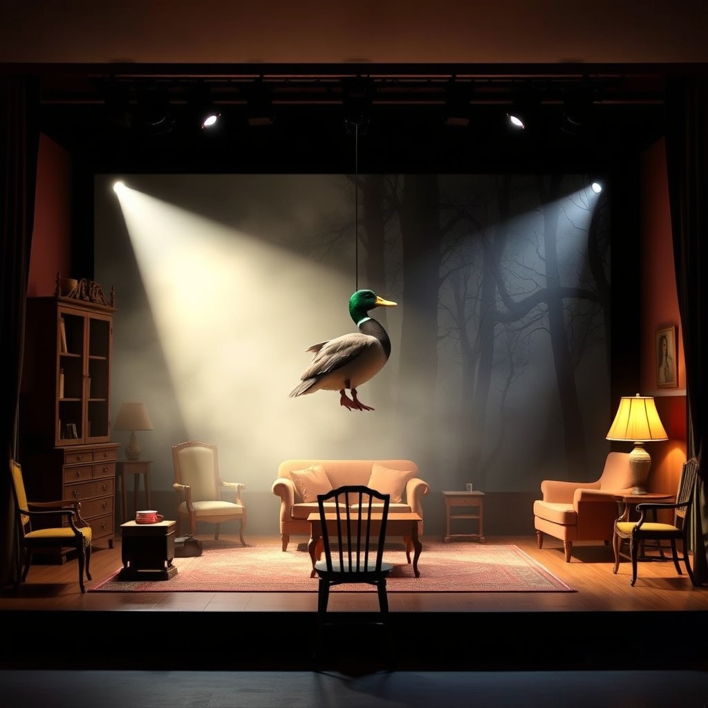 A symbolic stage design for Henrik Ibsen's play 'The Wild Duck', featuring a blend of realistic and surreal elements