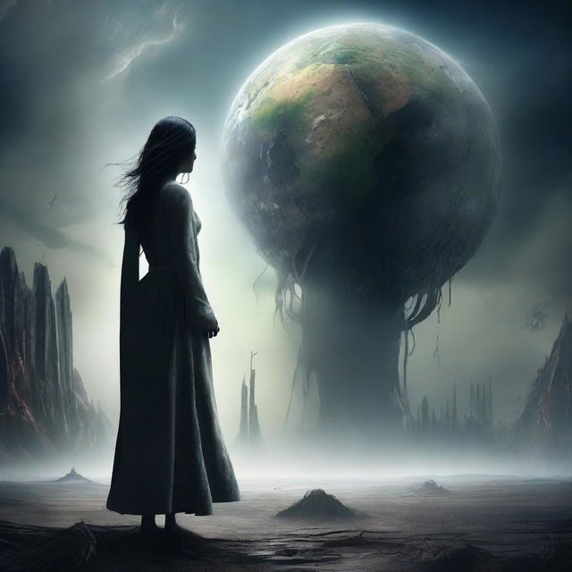 An apprehensive human standing before the ruined planet Earth, facing a disheartened Mother Nature. She materializes as a wrathful entity, all overseeing. Stir in elements of mystery and creativity.