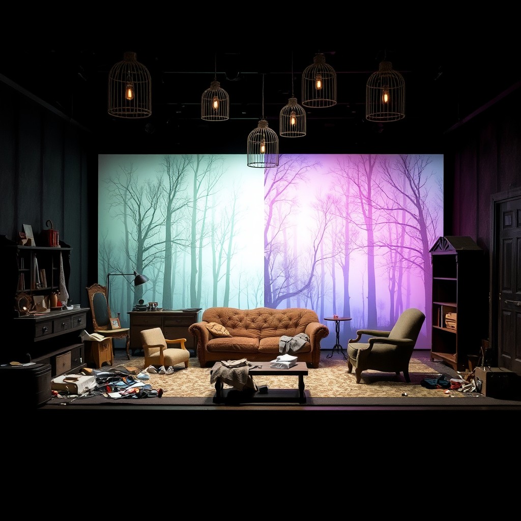 Conceptual theater set design for Henrik Ibsen's "The Wild Duck", featuring a symbolic representation of the play's themes