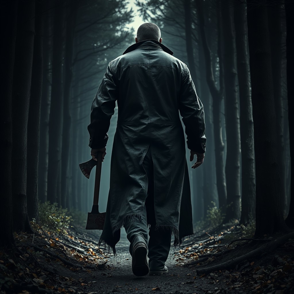 A dark and suspenseful scene featuring the back of a huge, scary man walking along a narrow forest path