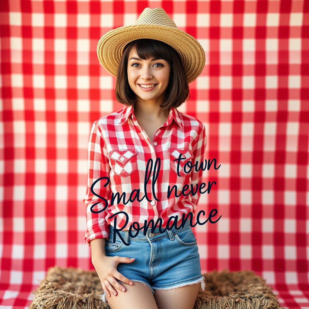 A charming book cover for a small town summer romance novel featuring a young Caucasian woman with fair skin, a dark brown shoulder-length straight bob haircut inspired by Elena Gilbert, and large brown eyes