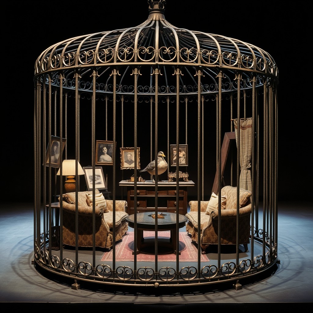 A symbolic stage design for Henrik Ibsen's play 'The Wild Duck', set entirely within a cage, representing confinement and the struggle for freedom