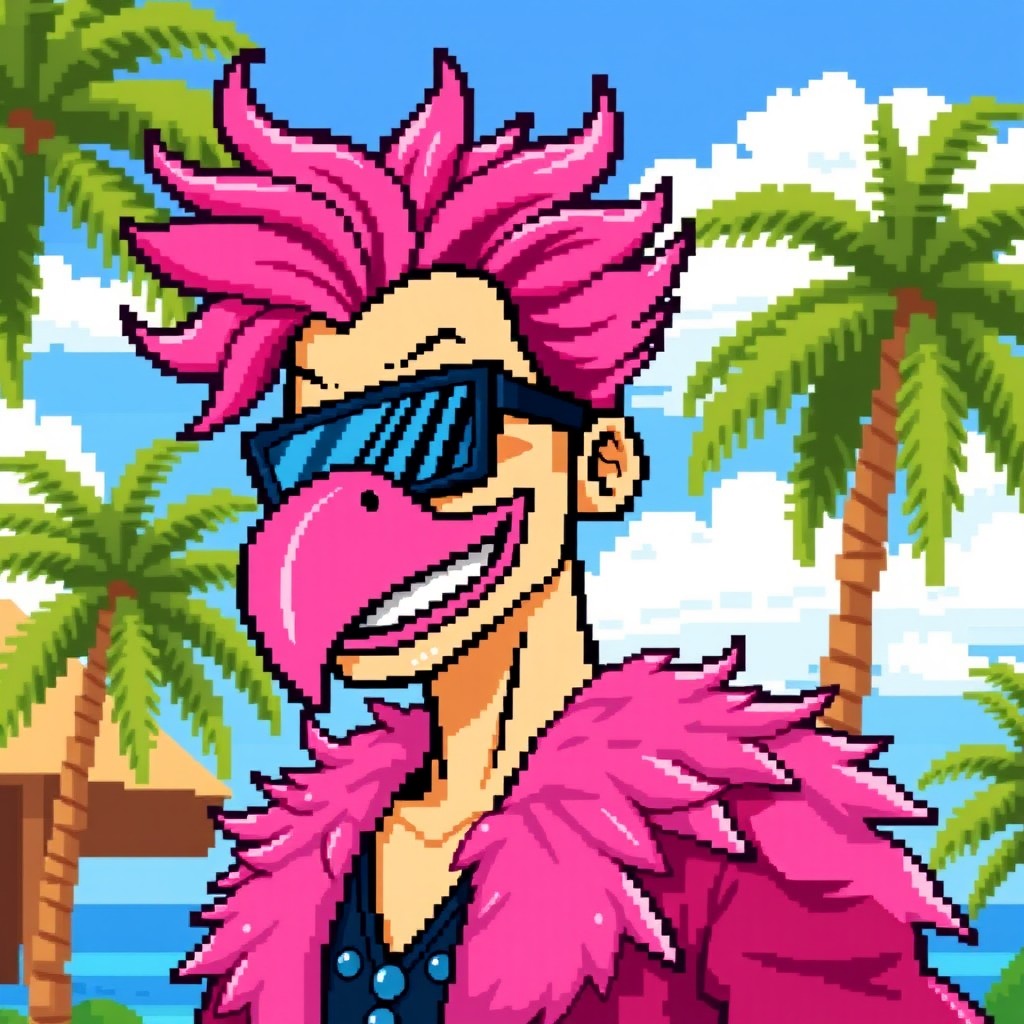 A pixel art drawing of Doflamingo, a character from One Piece