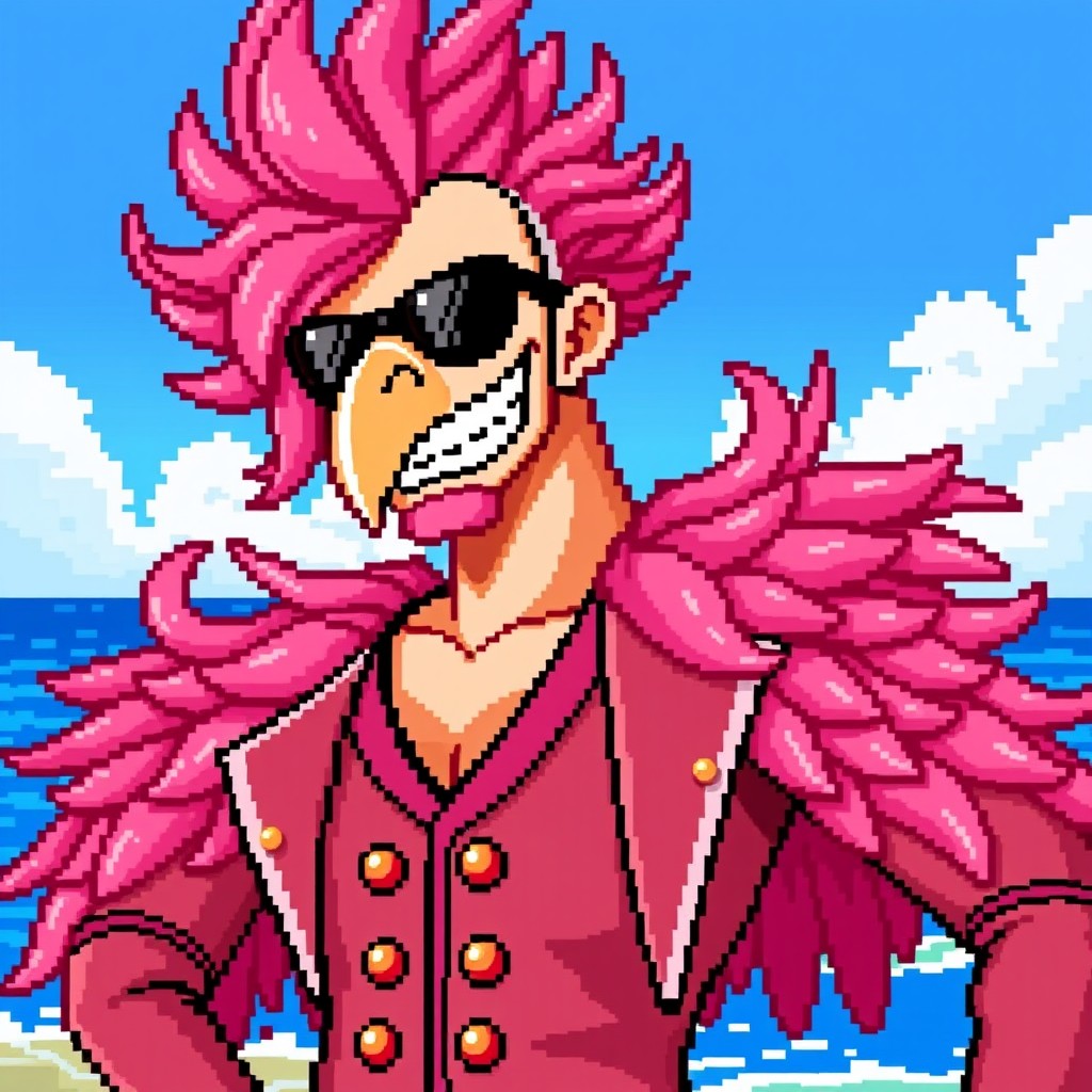 A pixel art rendition of Doflamingo from One Piece, capturing his flamboyant style with a bright pink feather coat, sunglasses, and his characteristic mischievous grin