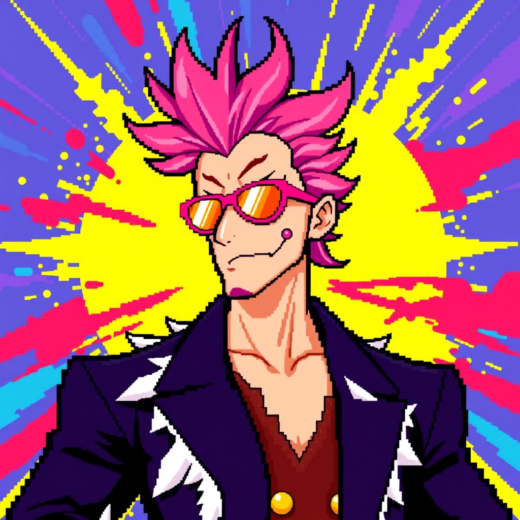 A vibrant pixel art depiction of Doflamingo from One Piece, showcasing his flamboyant personality