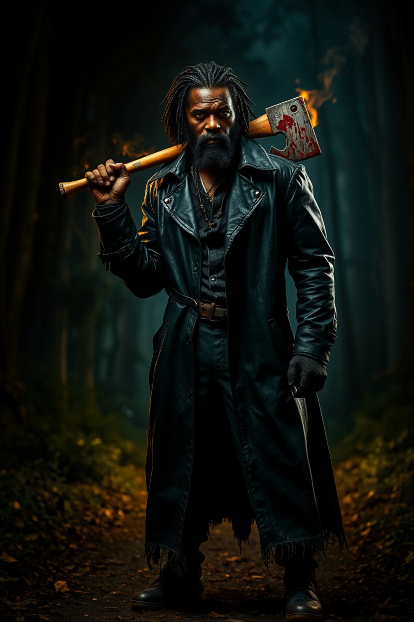 A powerful and intimidating African man with shaggy hair, dressed in a long, ragged, old black leather trench coat