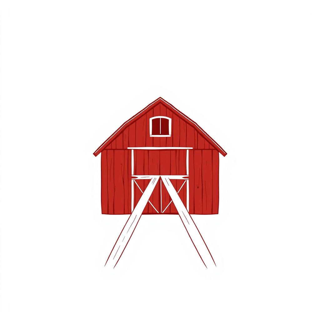 A simple and charming illustration of a red barn set against a clean white background