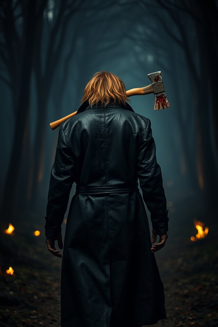 A back view of a terrifying, imposing African man with shaggy hair, dressed in a long black ragged old leather trench coat